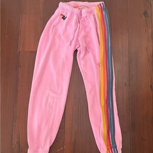 Aviator Nation Pink Track Pants with Rainbow Stripes